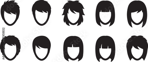 A collection of nine different female hairstyle outlines presented in stark black against a white background silhouette high quality professional detailed modern elegant stylish clean crisp