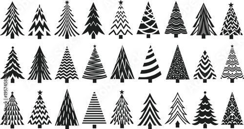 Christmas Tree Collection Set Black Silhouette Pine Fir Evergreen Holiday Vector Illustration