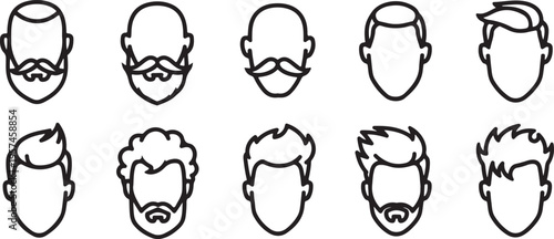 A collection of nine distinct black outline head and beard styles are displayed creating a fashionable visual arrangement silhouette high quality professional detailed modern elegant stylish