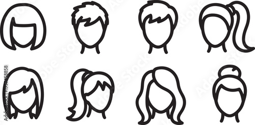 A collection of eight black linear drawings depicting various female hairstyles and head shapes a minimalist silhouette high quality professional detailed modern elegant stylish clean crisp