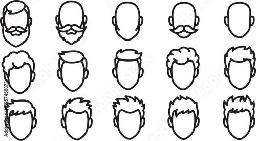 A collection of diverse male facial hair styles and head shapes are illustrated in a minimalist design silhouette high quality professional detailed modern elegant stylish clean