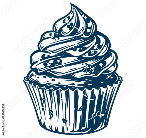 Illustration of a cupcake with frosting in a decorative wrapper