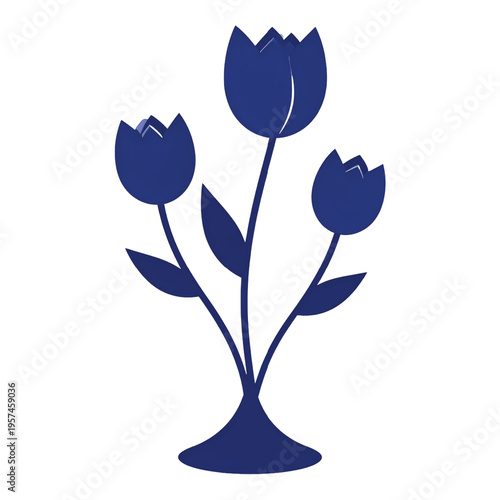 A simple dark blue silhouette graphic of three tulip flowers arranged in a small decorative vase