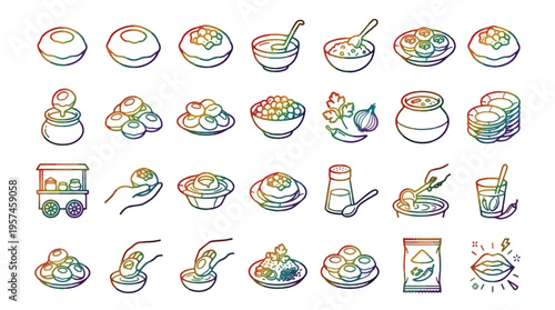 Pani Puri Icon Set in Rainbow Line Style. A collection of Pani Puri Linear Icons, Including golgappa, street food, snacks, spicy water, potato filling, cart, bowl, and more. Editable Stroke.