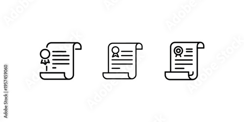 Professional certificate icons set showing paper scrolls with wax seals and ribbons for academic degree graduation diploma achievement or legal document