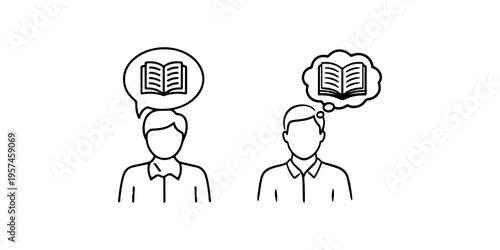 Thinking and speaking person icons featuring students with speech and thought bubbles containing open book symbols for learning and knowledge concept art
