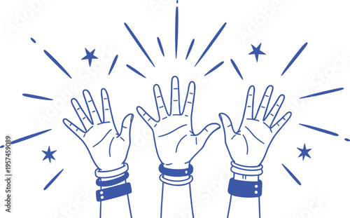 Three raised hands with starburst and wristbands