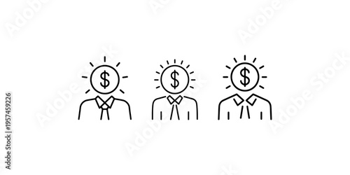 Three minimalist line art icons of men with dollar signs and sunburst rays symbolizing wealth money and financial success