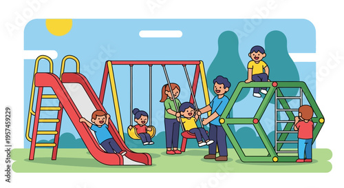 Children and adults enjoying various activities at a vibrant playground.