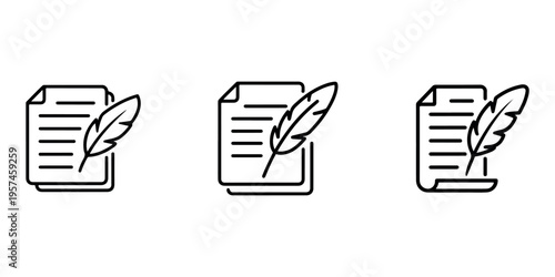 Document with feather pen icon set, writing contract, author agreement, editing paper, legal script, literature work, content creation, article authoring, storytelling