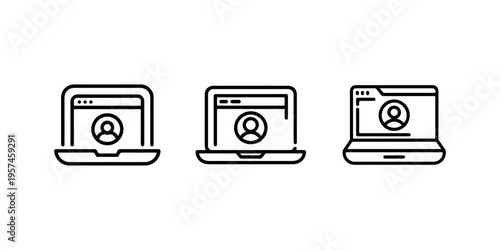 Laptop computer with user profile icon set representing online video conference call and digital personal account login for remote work and technology