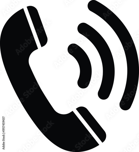 Black telephone handset with radiating sound waves on white background communication call signal