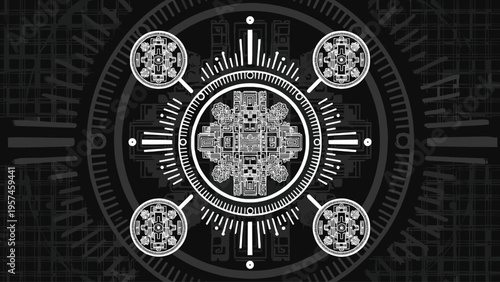 A mesmerizing geometric design featuring intricate patterns and circular motifs illuminated against a dark background, evoking a sense of mystique and technological elegance.