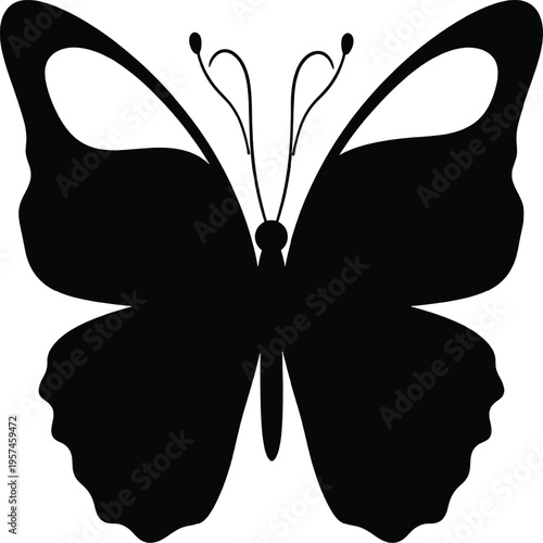 A minimalist black silhouette of a butterfly featuring delicate line art antennae on white background