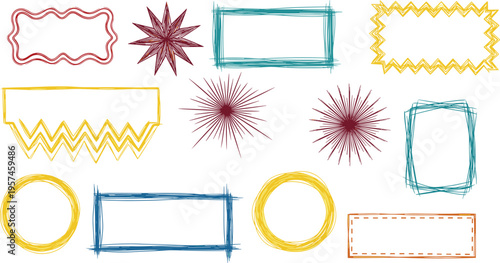 Colorful decorative frame illustration set featuring rectangles, circles, starbursts, zigzag borders, wavy edges, sketchy hand‑drawn creative artwork collection.