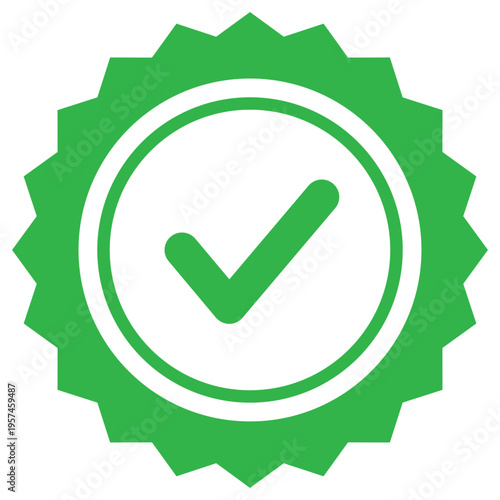 Green checkmark emblem with serrated edge and white inner circles tick