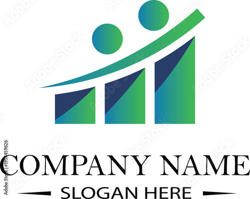 Abstract with two figures and upward trending bars in blue and green gradient business growth