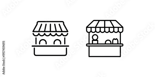 Stall icon set featuring street food kiosks and market booths with striped awnings perfect for outdoor retail commerce and fairground festival illustrations