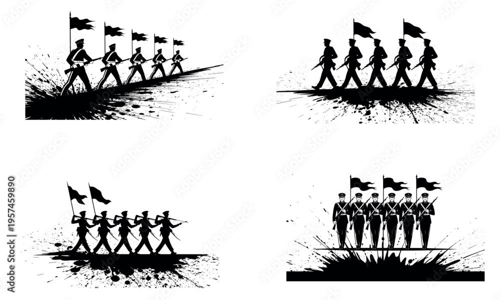 Obraz premium Silhouette of soldiers marching with flags in patriotic military formation scene