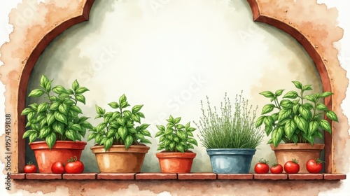 A charming illustration of potted herbs and tomatoes on a rustic shelf against a light background.