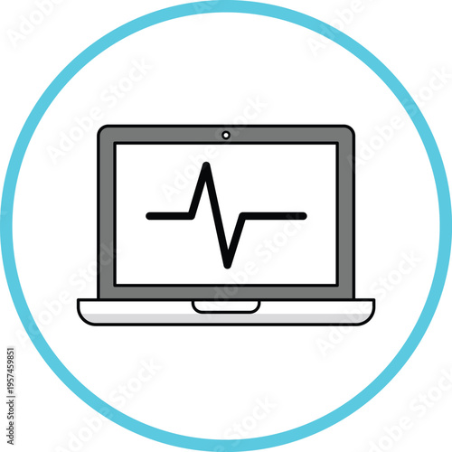 Laptop displaying a black electrocardiogram line within a blue circle heart rate health