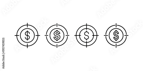 Target dollar icon set showing currency coin in crosshairs for financial goal tracking and investment strategy planning for corporate marketing projects