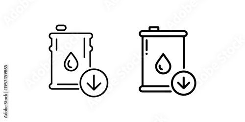 Oil barrel with down arrow line icon set. petroleum price fall, oil cost reduction, fuel decline. vector illustration of gasoline decrease