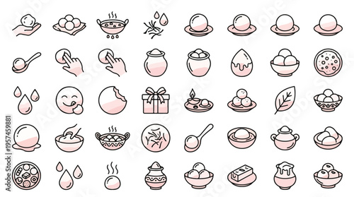 Indian Sweet Desserts Icon Set in Linear Style. A collection of linear icons representing Rasgulla, Gulab Jamun, Laddu, bowl, spoon, syrup, cooking, pot, gift, and more. Editable Stroke.