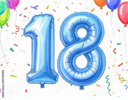 Pencil drawing of blue number 18 balloon. Sketch for birthday or anniversary party