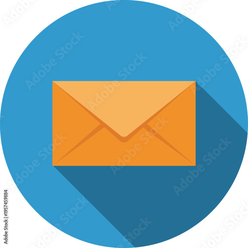 Orange envelope with long shadow on blue circle background mail message communication letter