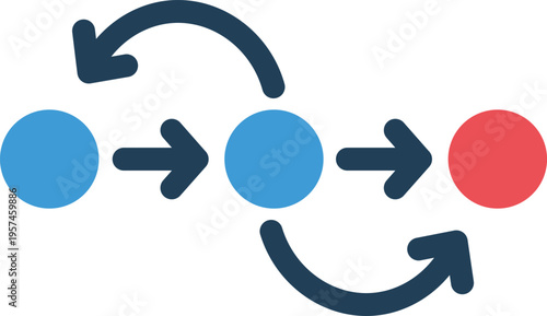 Flowchart with blue and red circles and dark blue arrows process steps sequence progression