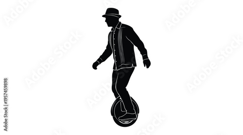 Dynamic silhouette of a stylish man balancing on a modern electric unicycle, showcasing urban mobility and innovative personal transport