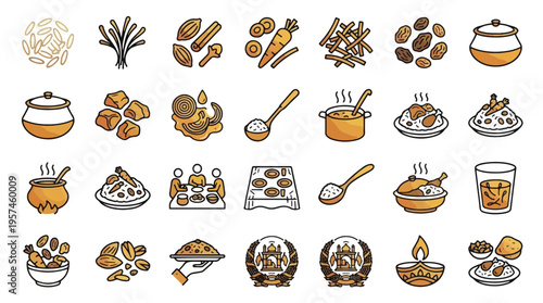 Afghan Kabuli Pulao Food Icon Set in Line Style. A collection of linear icons representing ethnic cuisine, including rice, carrots, raisins, spices, lamb, nuts, cooking pots