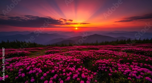 Wallpaper Mural Vibrant pink flowers bloom in a serene mountain field at sunset Torontodigital.ca