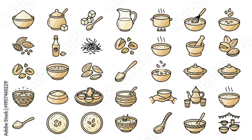 South Asian dessert icon set in linear style. A collection of food linear icons, including kheer, pudding, milk, almonds, pistachios, cardamom, saffron, sugar, and more. Editable stroke.