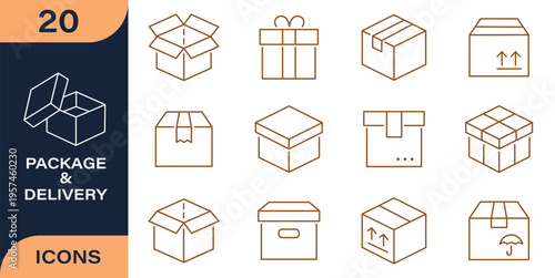 Delivery and logistics web icons. Courier, shipping, express delivery, warehouse, truck, scooter, container, tracking order, support, business. Editable stroke. Vector