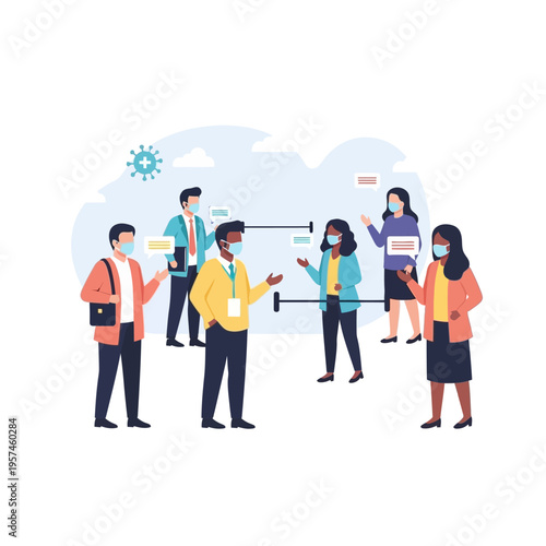 Social Distancing Illustration: People Wearing Masks Maintaining Safe Distance