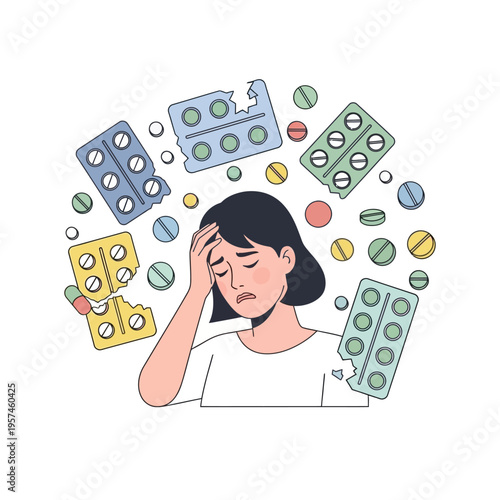 Woman feeling unwell surrounded by scattered pills and blister packs, mental health concept