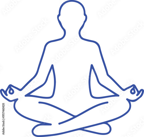 A blue outline icon of a person sitting in a lotus position representing meditation and wellness isolated on transparent background, isolated on white background, Vector