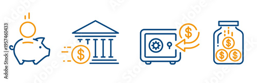 save money icons, icon set of piggy bank, bank deposits, coin jar, put money in a safe, savings finance linear editable symbols