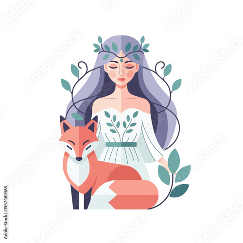 Mythical Goddess with Fox, Nature Spirit, Floral Wreath, Serene Woman, Forest Animal Illustration