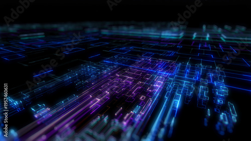 Technology digital glow line hologram big data horizontal view concept. HUD UI system, ai construction platform Illustration background
