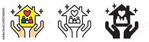 Family icon set with two adults and a child inside a home shape, isolated on transparent background. Minimal symbol for love, parenting, insurance, healthcare, charity, social services or community 