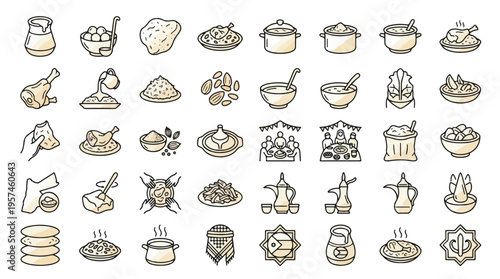 Mansaf Jordanian Cuisine Icon set in linear style. A collection of linear icons including rice, lamb, yogurt, jameed, pot, feast, coffee, dallah, kaffiyeh, map, flag, meal