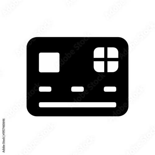 Black and white graphic of a credit card with chip and magnetic stripe