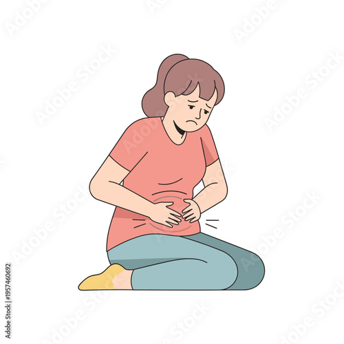 Woman suffering from stomach ache, holding her abdomen, feeling pain and discomfort