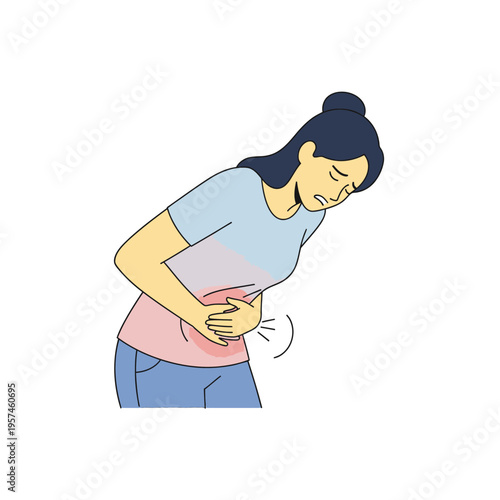 Woman suffering from stomach ache, holding her abdomen in pain