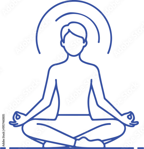 A minimalist blue line art icon depicting a person sitting in a peaceful lotus yoga meditation pose isolated on transparent background, isolated on white background, Vector