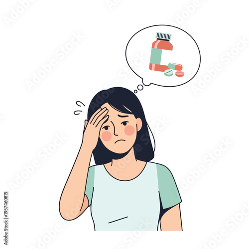 Woman thinking about medication for headache and illness, feeling unwell
