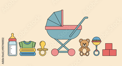 Collection of baby essentials including a stroller, bottle, clothes, pacifier, teddy bear, rattle, and building blocks.